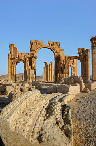 Monumental arch (circa AD 200) seen from the south east, Palmyra, Syria