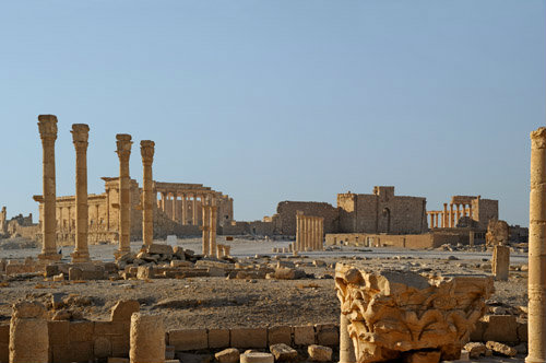 View south east along colonnaded street from beside monumental arch to Temple of Bel (first to second century AD), Palmyra, Syria