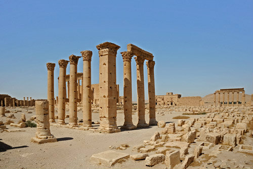Temple of Bel (first to second century AD), north west corner of outer colonnade with cella behind, Palmyra, Syria