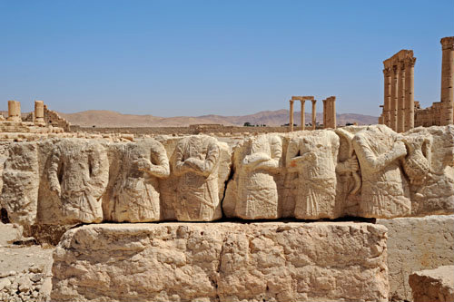 Temple of Bel (first to second century AD), relief carving of warriors, Palmyra, Syria