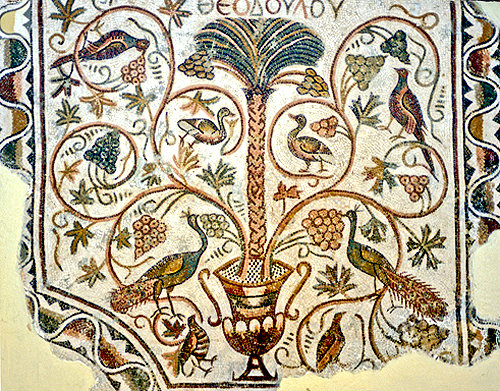 Vase, palm tree, peacocks, memorial inscription, third century, Roman mosaic, Sousse Museum, Tunisia