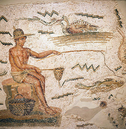 Tunisia, detail of a 11th century AD mosaic of a man fishing, now in the Bardo Museum, Tunis