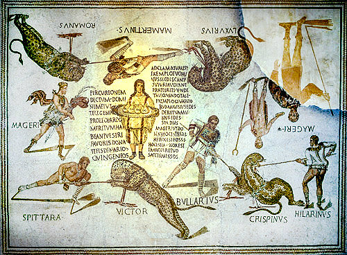 Named gladiators fighting leopards for rewards of money, third century, Roman mosaic, Sousse Museum, Sousse, Tunisia