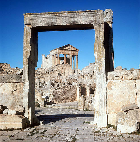 View through doorway of Dougga, ancient Thugga, Roman city founded 6th century BC, Tunisia