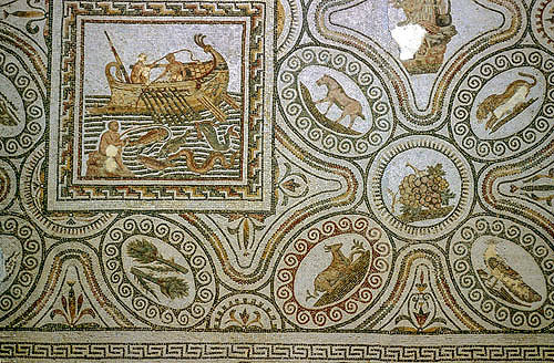 Lattice animal mosaic with inset picture of fishing, Bardo Museum, Tunis, Tunisia