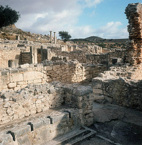 Section of the multi-seated latrines attached to the baths of Cyclopes in Dougga, ancient Roman city of Thugga, founded 6th century BC, Tunisia