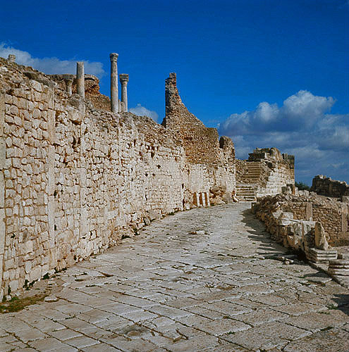 Roman street in the city of Dougga, ancient Thugga, Roman city founded 6th century BC, Tunisia