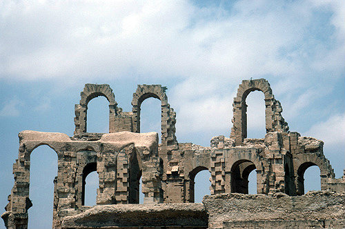 Arches of third century Roman amphitheatre, El Djem, ancient Thysdrus, Kairouan, Tunisia