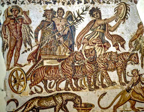 Triumph of Bacchus,  chariot drawn by tigers, third century, Roman mosaic, Sousse Museum, Sousse, Tunisia