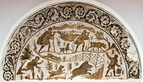 Boar hunt in which hunters catch boar in a net, Bardo Museum, Tunis, Tunisia