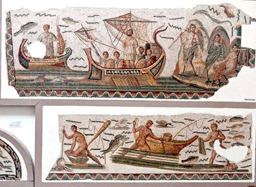 Odysseus bound to the mast to save him from the harpies, above, fishing, below, Bardo Museum, Tunis, Tunisia