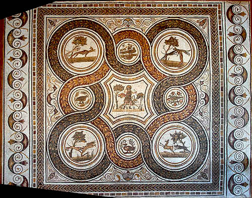 Lattice with Diana and deer at centre, scenes of hunting, birds and animals, Bardo Museum, Tunis, Tunisia