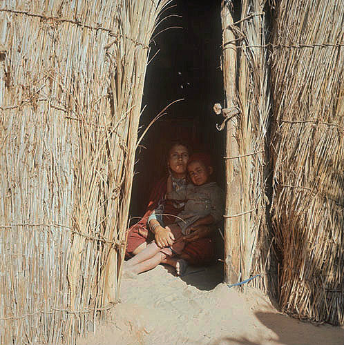 Berber woman and child in doorway of bamboo dwelling, Island of Djerba, Tunisia