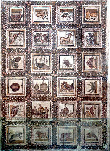 Lattice with square compartments containing birds, animals, fish and fruit, Bardo Museum, Tunis, Tunisia
