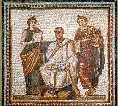 Virgil, holding a manuscript, between Melpomene, muse of Tragedy, and Clio, muse of peotry, Bardo Museum, Tunis, Tunisia