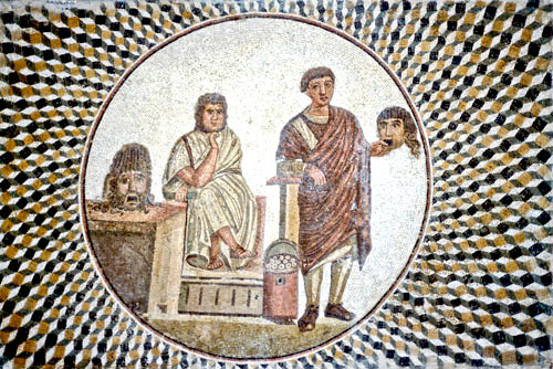 Two figures with masks, third century, Roman mosaic, Sousse Museum, Sousse, Tunisia