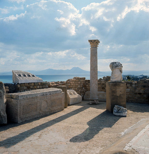 Tunisia Carthage, sarcophagus and Roman remains in the antiquarium