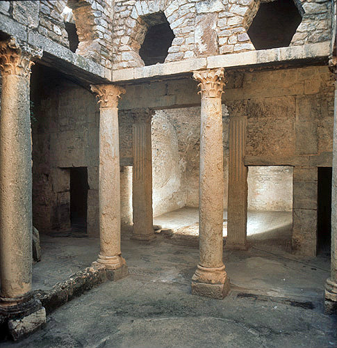 View from peristyle through to triclinium (dining room) of underground villa known as the Palais de la Chasse, (Palace of the Hunt) Bulla Regia, Tunisia