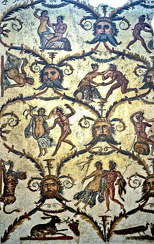 Lattice with pairs of nymphs and satyrs, third century, Roman mosaic, Sousse Museum, Sousse, Tunisia