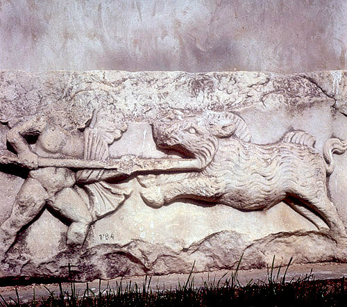 Man spearing a boar, Roman frieze, Miletus, Turkey