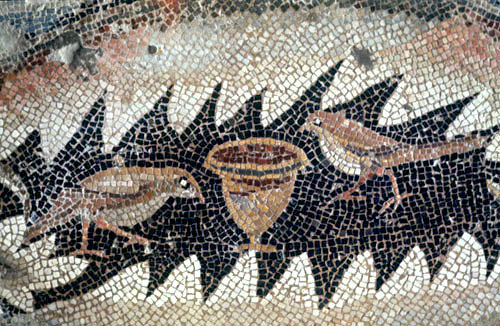 Two birds and a cup, detail from fifth century floor mosaic in the Great Church, Mopsuestia (Misis), Cilicia, Turkey