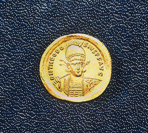 Theodosius I, Roman Emperor from 379 to 395 AD, gold coin, Archaeological Museum, Istanbul, Turkey
