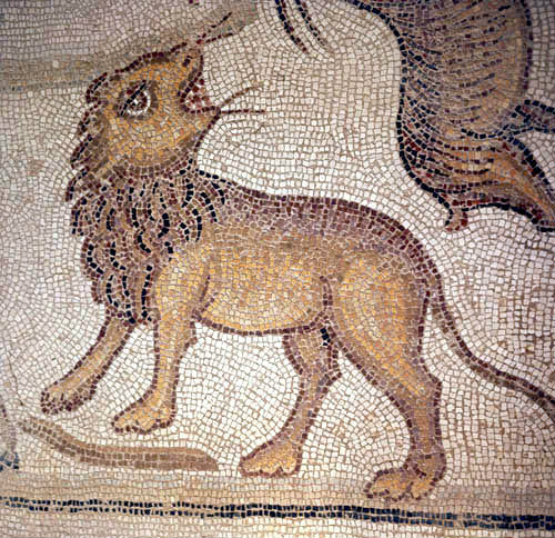 Lion, detail from fifth century floor mosaic in the Great Church, Mopsuestia (Misis), Cilicia, Turkey