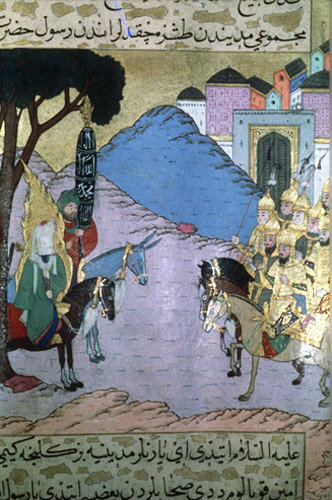 The Prophet outside Medina before the battle of Uhud, 16th century miniature from ms H 1223, Life of the Prophet, Topkapi Palace Museum, Istanbul