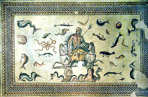 Poseidon in chariot drawn by sea horses, with Oceanus and Tethys below with sea serpent, and fish,1st -2nd century, Gaziantep, Zeugma mosaic museum, Turkey