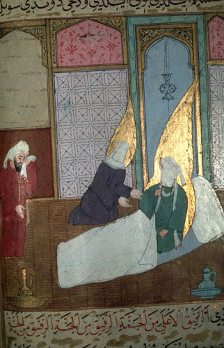 Prophet on his death bed, sixteenth century illumination in MS H1223, Life of the Prophet, Topkapi Palace Museum, Istanbul, Turkey