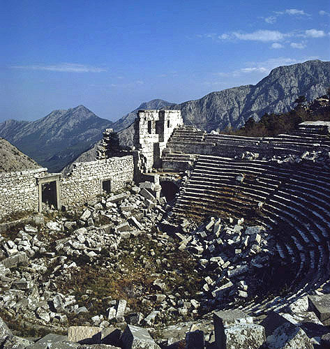 Hellenistic theatre, dating from second century, and mountains, Termessus, Turkey
