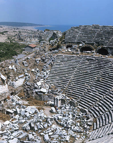 Roman theatre, second century, partial view of cavea and orchestra, Side, Turkey