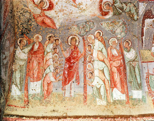 Turkey Cappadocia blessing the mission of the Twelve Apostles, mural in the rock-cut Church at Cavusin