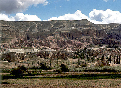 Turkey, Cappadocia, erosion showing cones at three levels