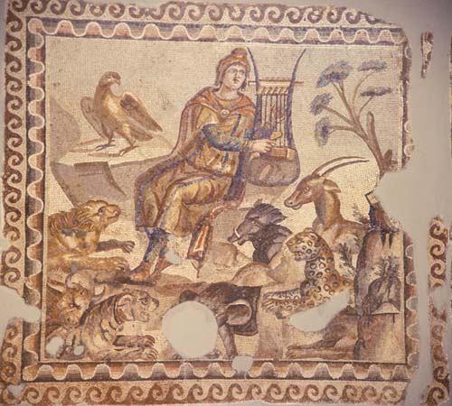 Orpheus and the beasts, 3rd century mosaic from Tarsus, Antioch, now in Hatay Archaeological Museum, Antakya, Turkey