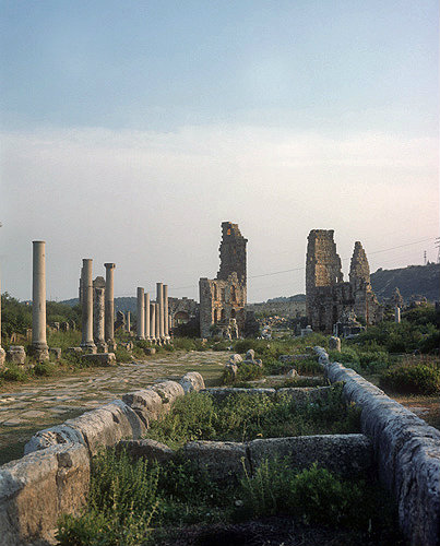 Colonnaded street and Hellenistic gate tower, Perge. Turkey