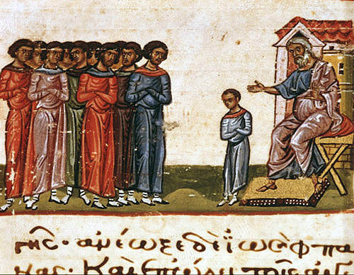 Jacob sending his sons to Egypt, twelfth century Byzantine Illuminated manuscript, page 131B, Topkapi Palace Museum, Istanbul, Turkey