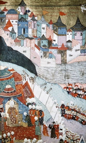 Suleyman at the siege of Budapest, 16th century miniature from ms H.1524 p 266A, Book of Accomplishments, Topkapi Palace Museum, Istanbul, Turkey
