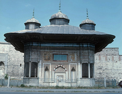 Sultan Ahmet III fountain, built in 1728, in Ottoman rococo style, outside the Topkapi gate, near Hagia Sophia, Istanbul, Turkey
