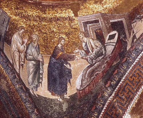 Christ healing Peters mother-in-law, 14th century mosaic, Kariye Camii, Istanbul, Turkey
