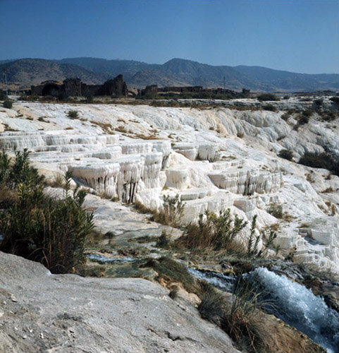 Turkey Hierapolis present day Pamukkale calcium carbonate formations deposited by the hot spring waters
