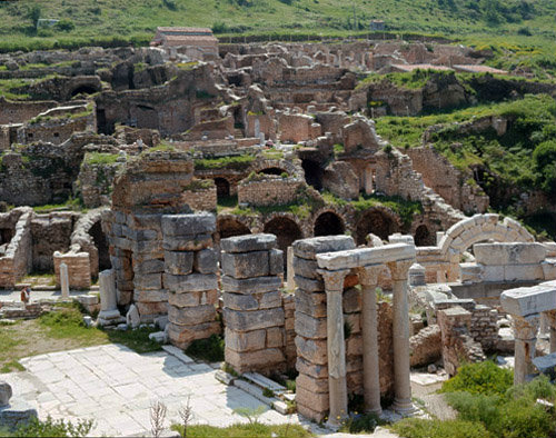 Turkey Ephesus view of the Roman villa over a section of the Scholastikia Baths both dating from the 2nd century AD