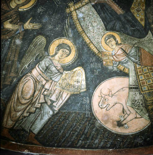 St Michael with symbols of Matthew and Luke, twelfth century, rock-cut church in the monastery of Eski Gumus, near Nigde, Cappadocia, Turkey