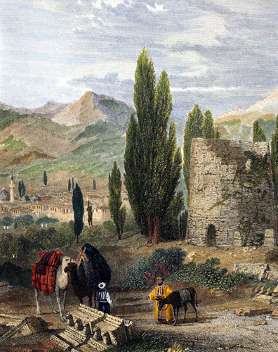Turkey, the Thyatira, 1840 engraving of Thyatira by Thomas Allom painted by Laura Lushington