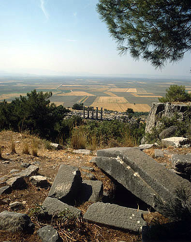 Turkey, Priene, Ionia, Temple of Athena 4th-2nd century BC  and plain of Maeander seen from temenos of Demeter and Kore