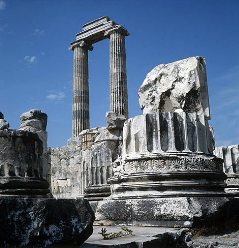 Temple of Apollo, two columns and column base, dating from second century BC, Didyma, Turkey