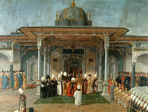 Sultan Selim III granting an audience at the Gate of Felicity, 18th century painting in the Topkapi Palace Museum, Istanbul, Turkey