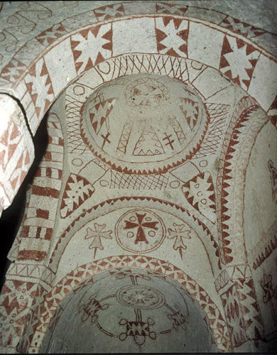 Iconoclast wall paintings, Church of St Barbara, Goreme Valley, Cappadocia, Turkey