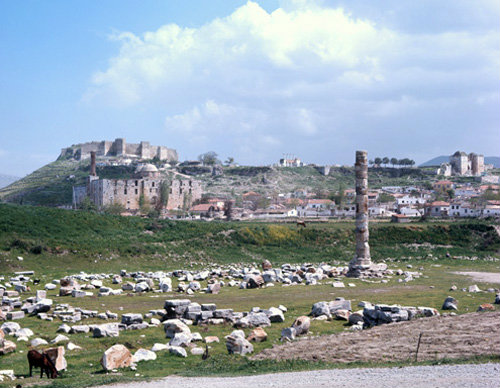 Turkey Ephesus temple of Artemis in the foreground and behind  is the Isa Bey mosque, the Citadel and St Johns Basilica