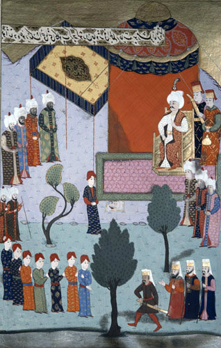 Selim I receiving severed head of Kansu Gavri, , Mamluk Sultan of Egypt, 16th century miniature from ms H.1523 p 211A, Book of Accomplishments, Topkapi Istanbul